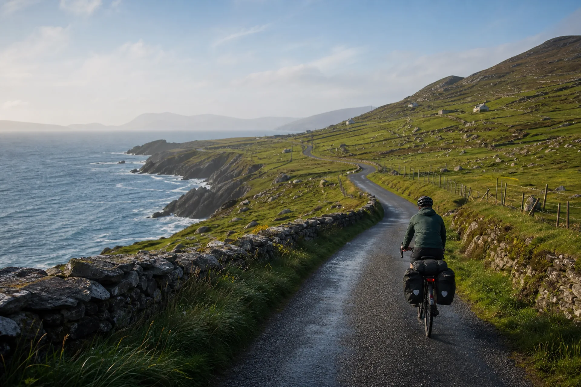 A touring cyclist follows a winding coastal road beside the Atlantic